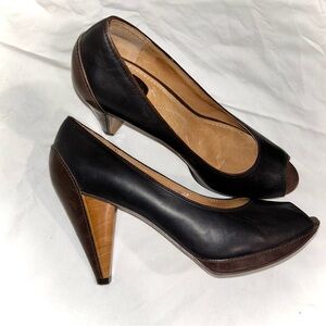 Fossil Black Brown Leather Wood Peep Toe Heels
